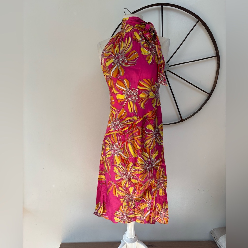 Zara Woman pink silk tropical floral print halter midi dress 8